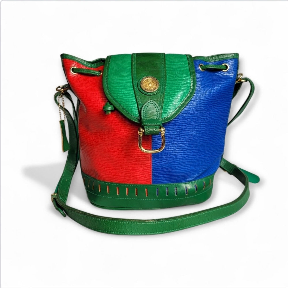 Vintage 80’s Colorblock Red, Blue & Green Leather Bucket  Crossbody